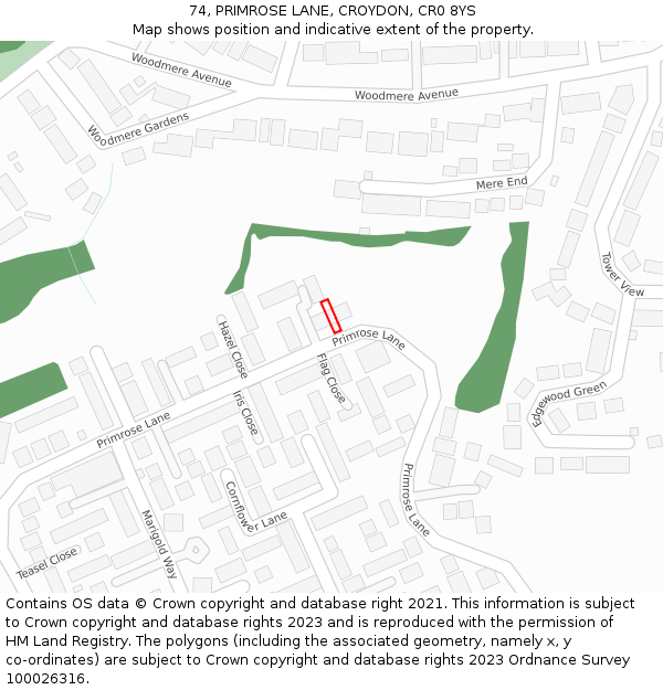 74, PRIMROSE LANE, CROYDON, CR0 8YS: Location map and indicative extent of plot