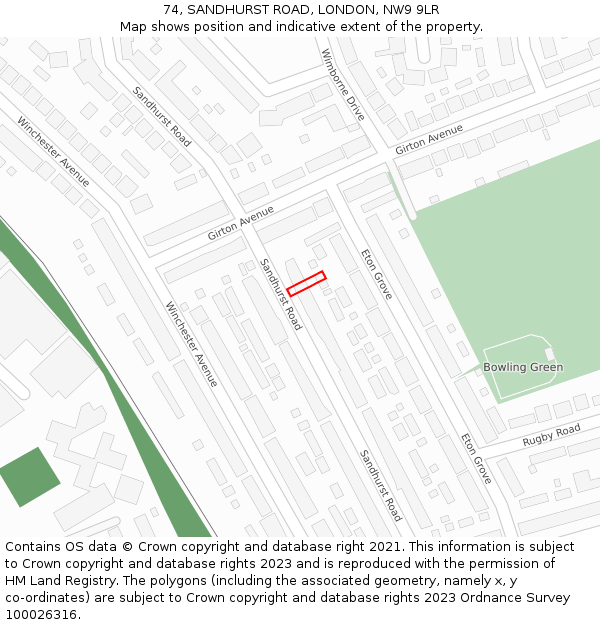 74, SANDHURST ROAD, LONDON, NW9 9LR: Location map and indicative extent of plot