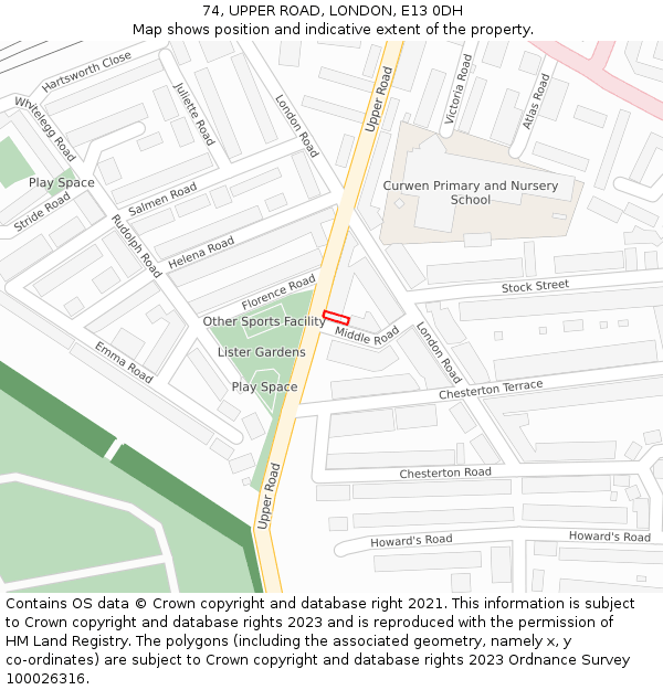 74, UPPER ROAD, LONDON, E13 0DH: Location map and indicative extent of plot