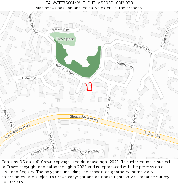 74, WATERSON VALE, CHELMSFORD, CM2 9PB: Location map and indicative extent of plot