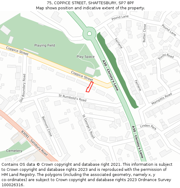 75, COPPICE STREET, SHAFTESBURY, SP7 8PF: Location map and indicative extent of plot