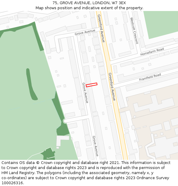 75, GROVE AVENUE, LONDON, W7 3EX: Location map and indicative extent of plot