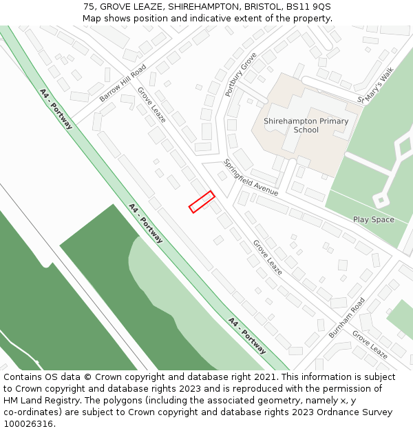 75, GROVE LEAZE, SHIREHAMPTON, BRISTOL, BS11 9QS: Location map and indicative extent of plot