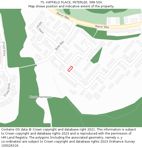 75, HATFIELD PLACE, PETERLEE, SR8 5SX: Location map and indicative extent of plot