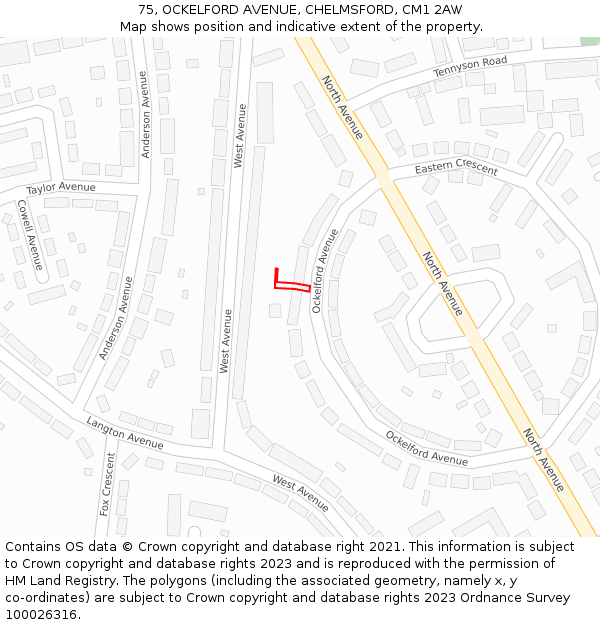 75, OCKELFORD AVENUE, CHELMSFORD, CM1 2AW: Location map and indicative extent of plot