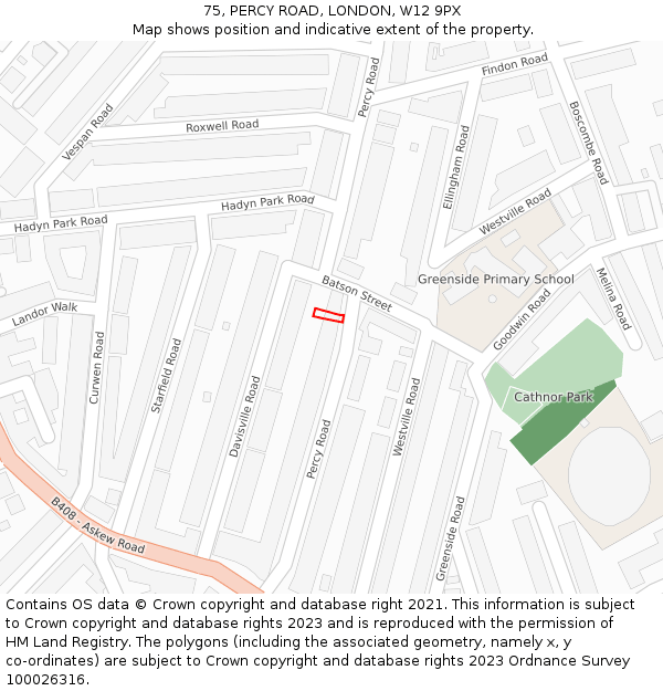 75, PERCY ROAD, LONDON, W12 9PX: Location map and indicative extent of plot