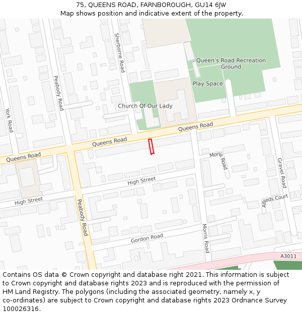 75, QUEENS ROAD, FARNBOROUGH, GU14 6JW: Location map and indicative extent of plot
