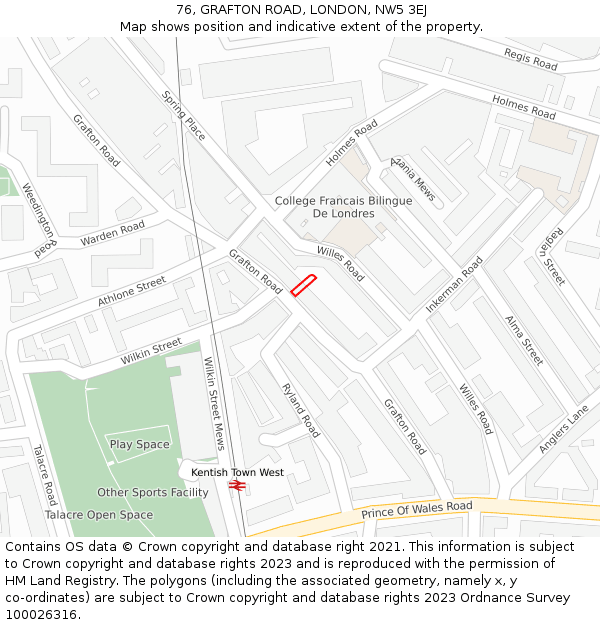 76, GRAFTON ROAD, LONDON, NW5 3EJ: Location map and indicative extent of plot