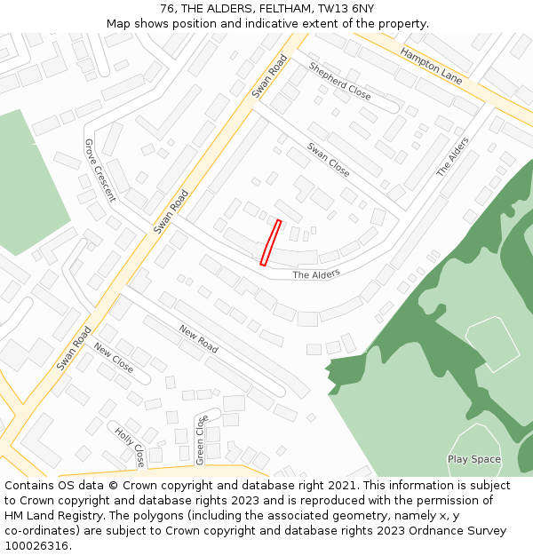 76, THE ALDERS, FELTHAM, TW13 6NY: Location map and indicative extent of plot