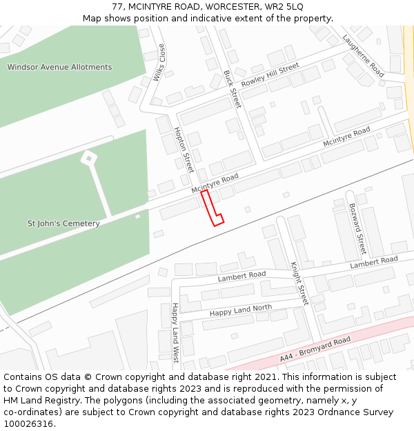 77, MCINTYRE ROAD, WORCESTER, WR2 5LQ: Location map and indicative extent of plot