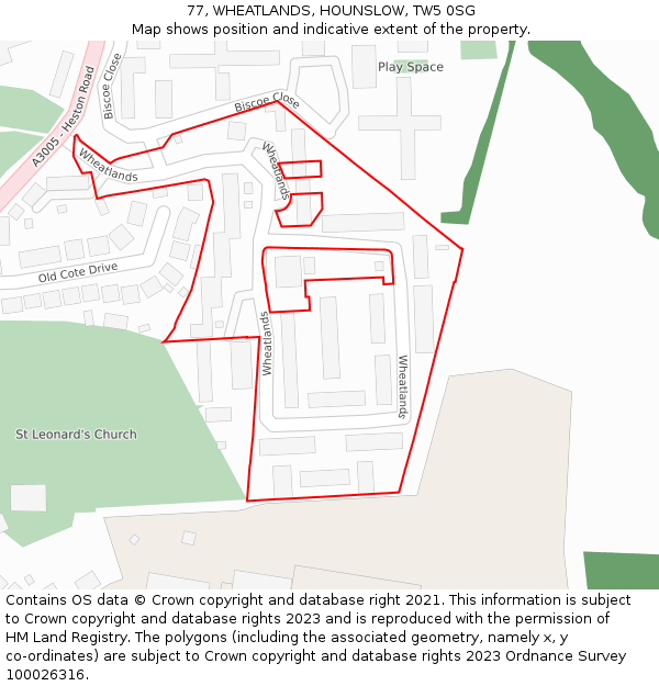 77, WHEATLANDS, HOUNSLOW, TW5 0SG: Location map and indicative extent of plot