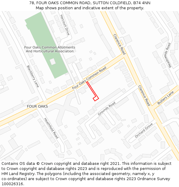 78, FOUR OAKS COMMON ROAD, SUTTON COLDFIELD, B74 4NN: Location map and indicative extent of plot