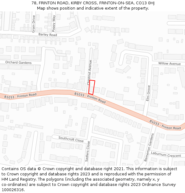 78, FRINTON ROAD, KIRBY CROSS, FRINTON-ON-SEA, CO13 0HJ: Location map and indicative extent of plot