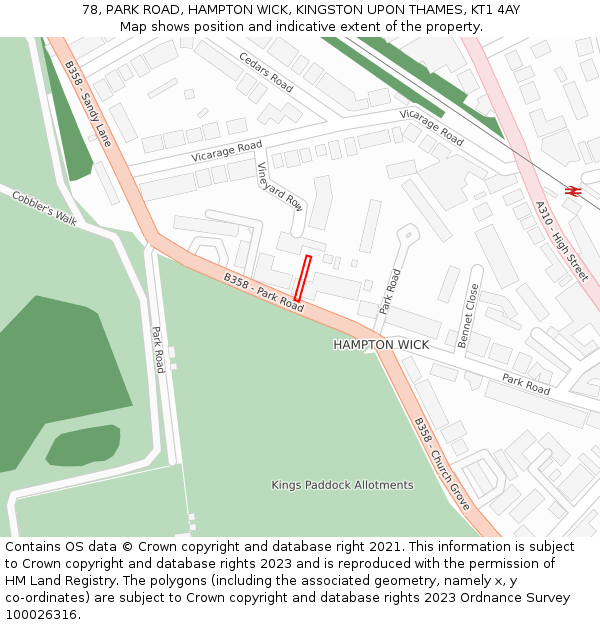 78, PARK ROAD, HAMPTON WICK, KINGSTON UPON THAMES, KT1 4AY: Location map and indicative extent of plot