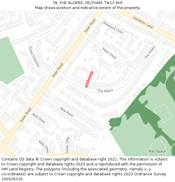 78, THE ALDERS, FELTHAM, TW13 6NY: Location map and indicative extent of plot