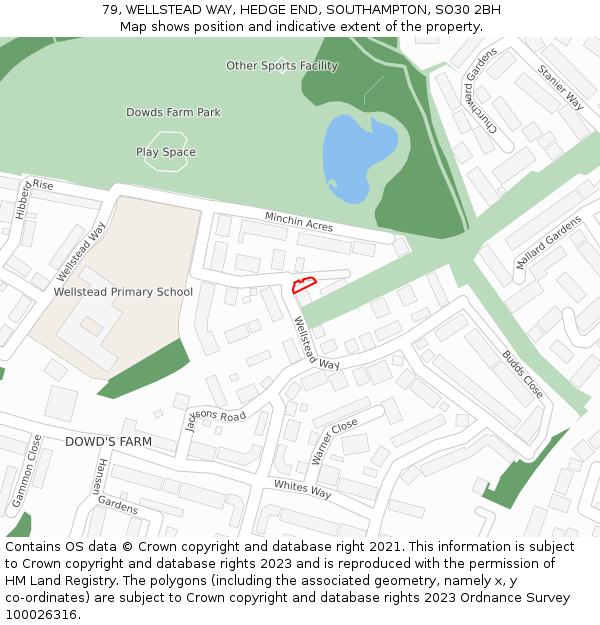 79, WELLSTEAD WAY, HEDGE END, SOUTHAMPTON, SO30 2BH: Location map and indicative extent of plot