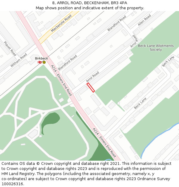 8, ARROL ROAD, BECKENHAM, BR3 4PA: Location map and indicative extent of plot