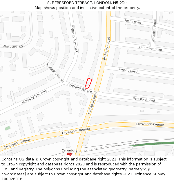 8, BERESFORD TERRACE, LONDON, N5 2DH: Location map and indicative extent of plot