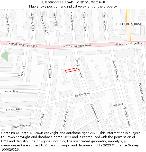 8, BOSCOMBE ROAD, LONDON, W12 9HP: Location map and indicative extent of plot