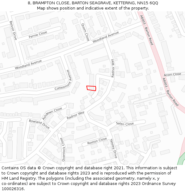 8, BRAMPTON CLOSE, BARTON SEAGRAVE, KETTERING, NN15 6QQ: Location map and indicative extent of plot