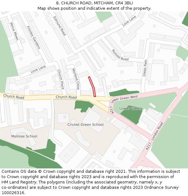 8, CHURCH ROAD, MITCHAM, CR4 3BU: Location map and indicative extent of plot