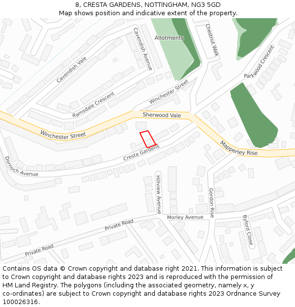 8, CRESTA GARDENS, NOTTINGHAM, NG3 5GD: Location map and indicative extent of plot