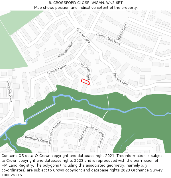 8, CROSSFORD CLOSE, WIGAN, WN3 6BT: Location map and indicative extent of plot
