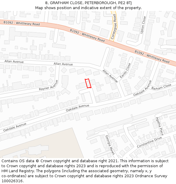 8, GRAFHAM CLOSE, PETERBOROUGH, PE2 8TJ: Location map and indicative extent of plot