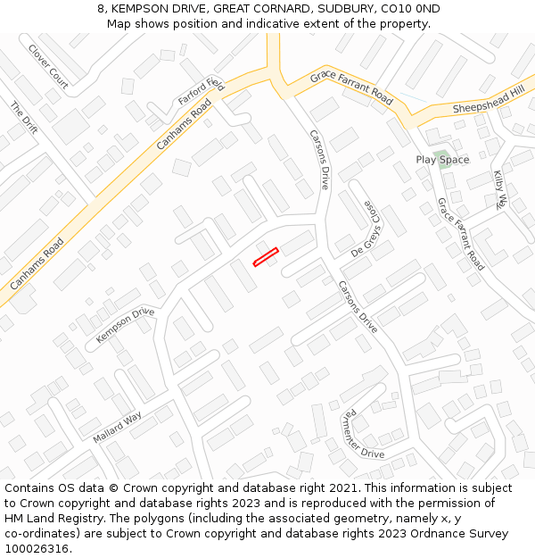8, KEMPSON DRIVE, GREAT CORNARD, SUDBURY, CO10 0ND: Location map and indicative extent of plot