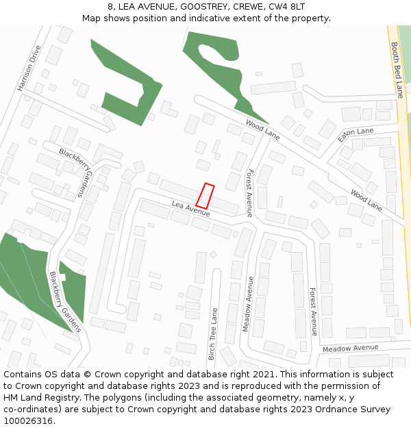 8, LEA AVENUE, GOOSTREY, CREWE, CW4 8LT: Location map and indicative extent of plot