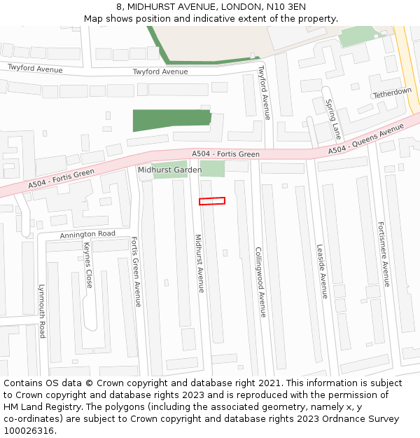 8, MIDHURST AVENUE, LONDON, N10 3EN: Location map and indicative extent of plot