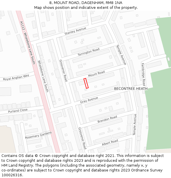 8, MOUNT ROAD, DAGENHAM, RM8 1NA: Location map and indicative extent of plot