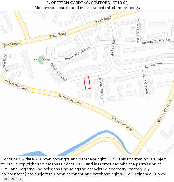 8, OBERTON GARDENS, STAFFORD, ST18 0FJ: Location map and indicative extent of plot