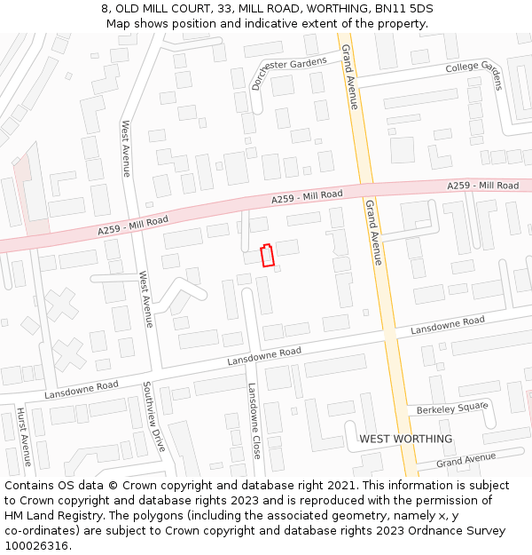 8, OLD MILL COURT, 33, MILL ROAD, WORTHING, BN11 5DS: Location map and indicative extent of plot