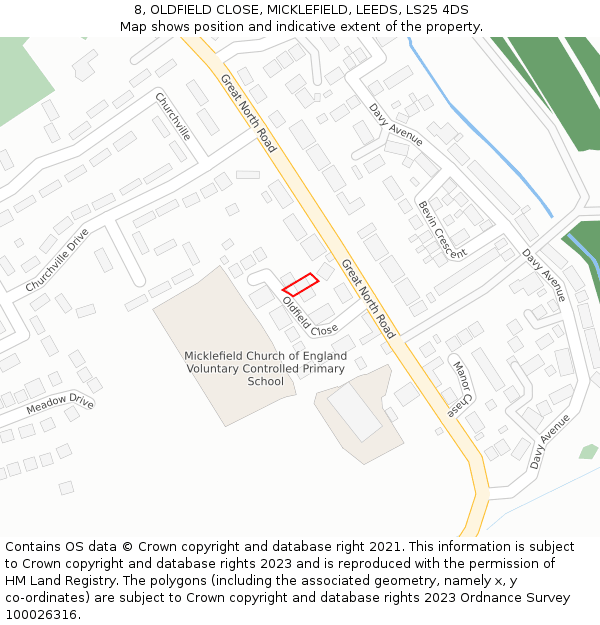 8, OLDFIELD CLOSE, MICKLEFIELD, LEEDS, LS25 4DS: Location map and indicative extent of plot