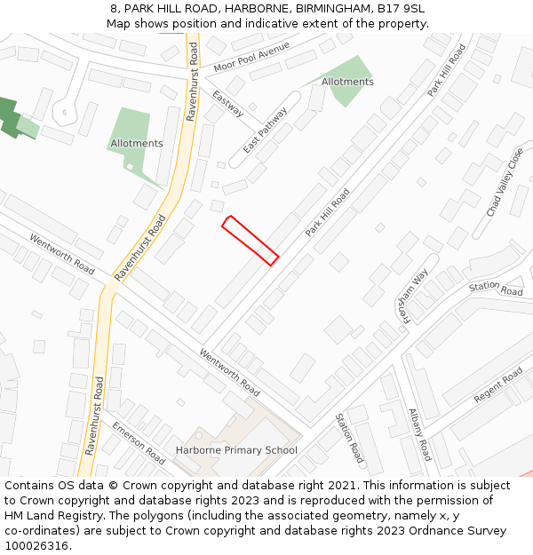 8, PARK HILL ROAD, HARBORNE, BIRMINGHAM, B17 9SL: Location map and indicative extent of plot