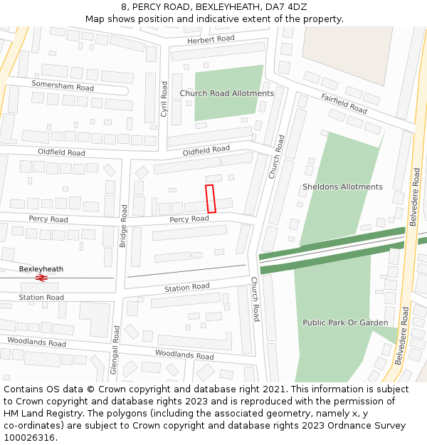 8, PERCY ROAD, BEXLEYHEATH, DA7 4DZ: Location map and indicative extent of plot