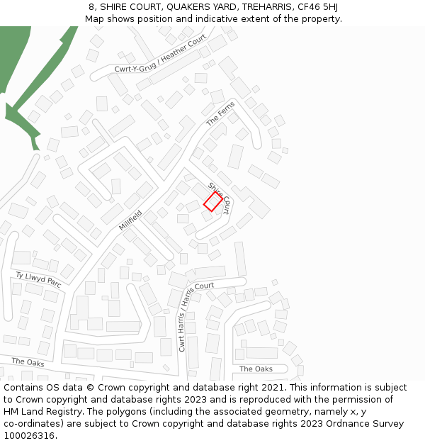 8, SHIRE COURT, QUAKERS YARD, TREHARRIS, CF46 5HJ: Location map and indicative extent of plot