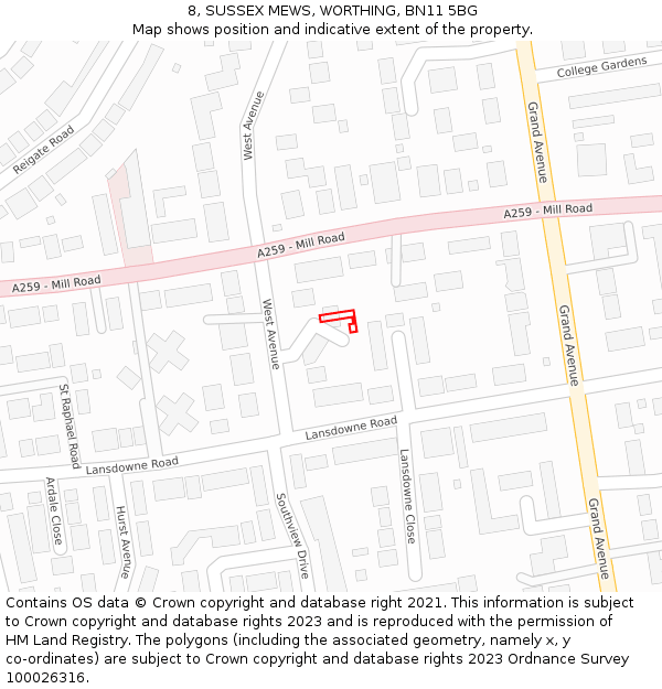 8, SUSSEX MEWS, WORTHING, BN11 5BG: Location map and indicative extent of plot