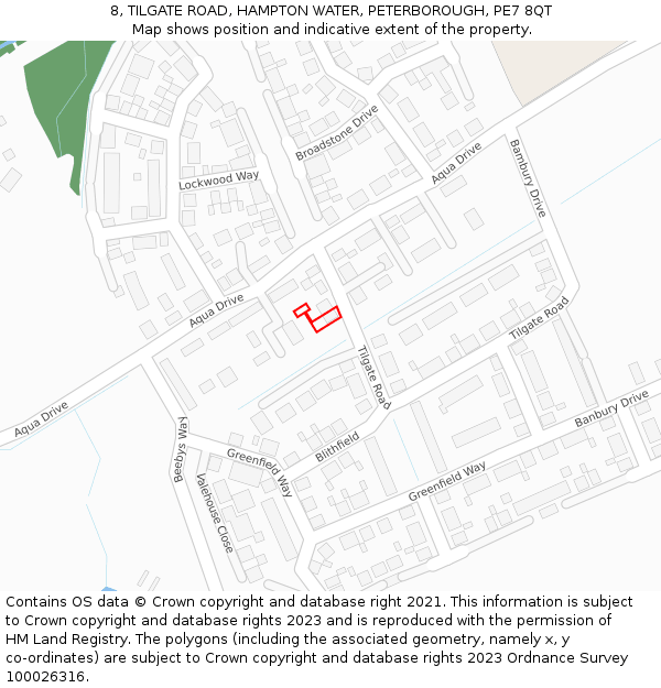 8, TILGATE ROAD, HAMPTON WATER, PETERBOROUGH, PE7 8QT: Location map and indicative extent of plot