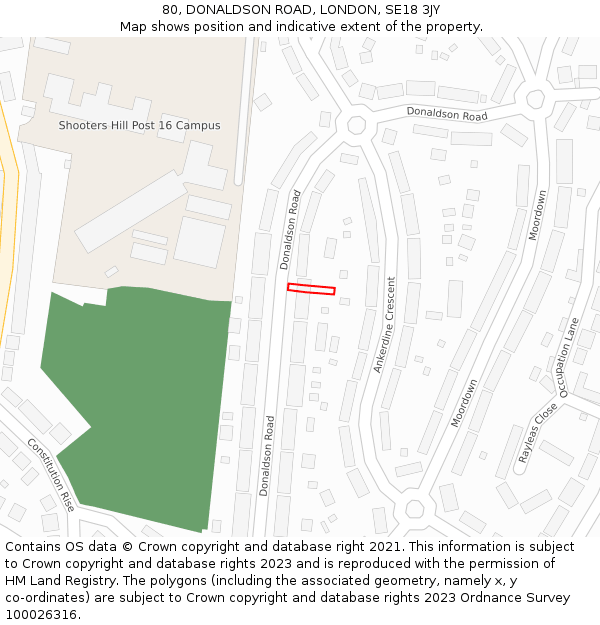 80, DONALDSON ROAD, LONDON, SE18 3JY: Location map and indicative extent of plot