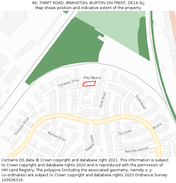 80, THRIFT ROAD, BRANSTON, BURTON-ON-TRENT, DE14 3LJ: Location map and indicative extent of plot