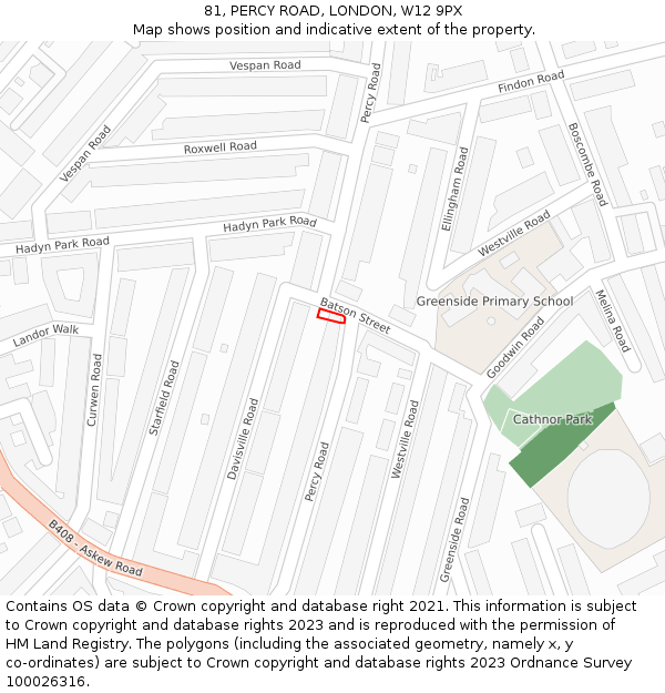 81, PERCY ROAD, LONDON, W12 9PX: Location map and indicative extent of plot