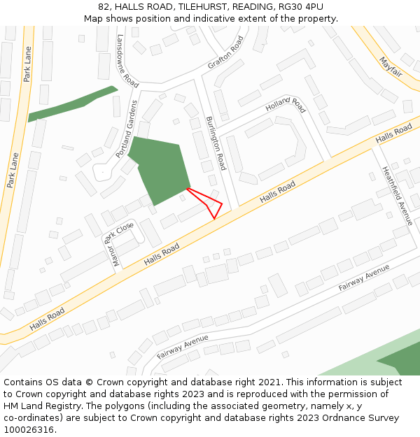 82, HALLS ROAD, TILEHURST, READING, RG30 4PU: Location map and indicative extent of plot