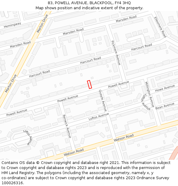 83, POWELL AVENUE, BLACKPOOL, FY4 3HQ: Location map and indicative extent of plot