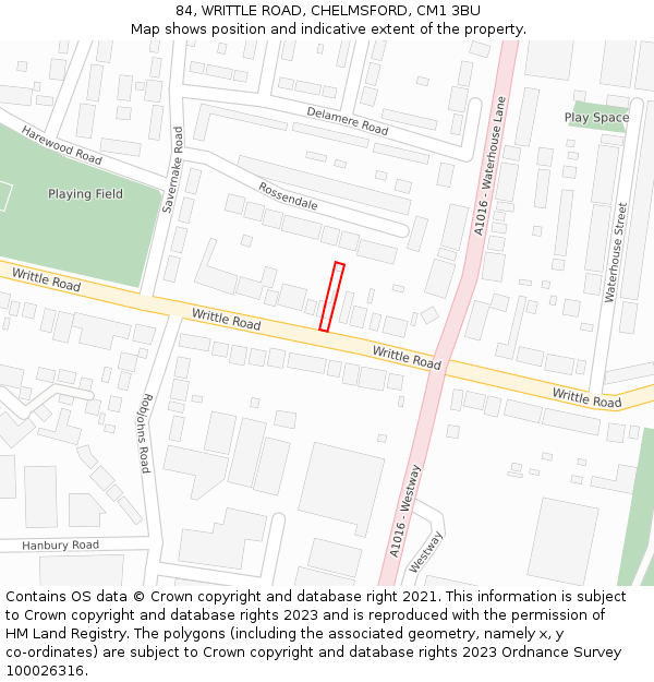 84, WRITTLE ROAD, CHELMSFORD, CM1 3BU: Location map and indicative extent of plot