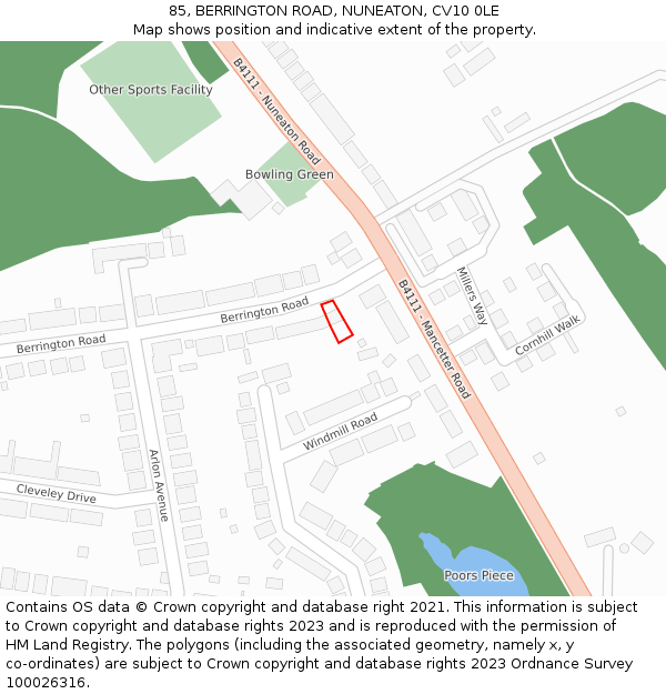 85, BERRINGTON ROAD, NUNEATON, CV10 0LE: Location map and indicative extent of plot