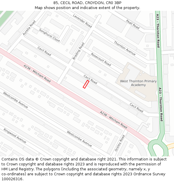 85, CECIL ROAD, CROYDON, CR0 3BP: Location map and indicative extent of plot