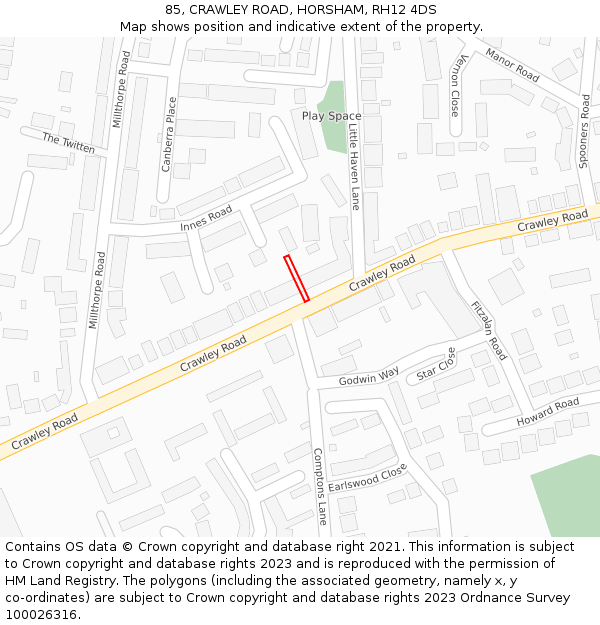 85, CRAWLEY ROAD, HORSHAM, RH12 4DS: Location map and indicative extent of plot