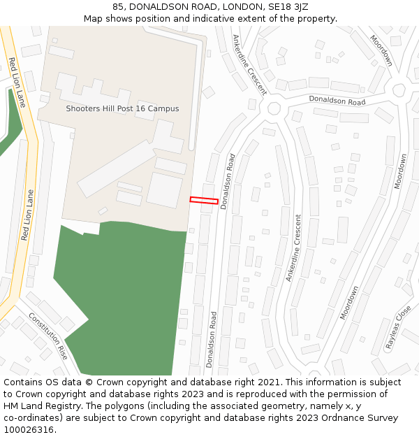 85, DONALDSON ROAD, LONDON, SE18 3JZ: Location map and indicative extent of plot